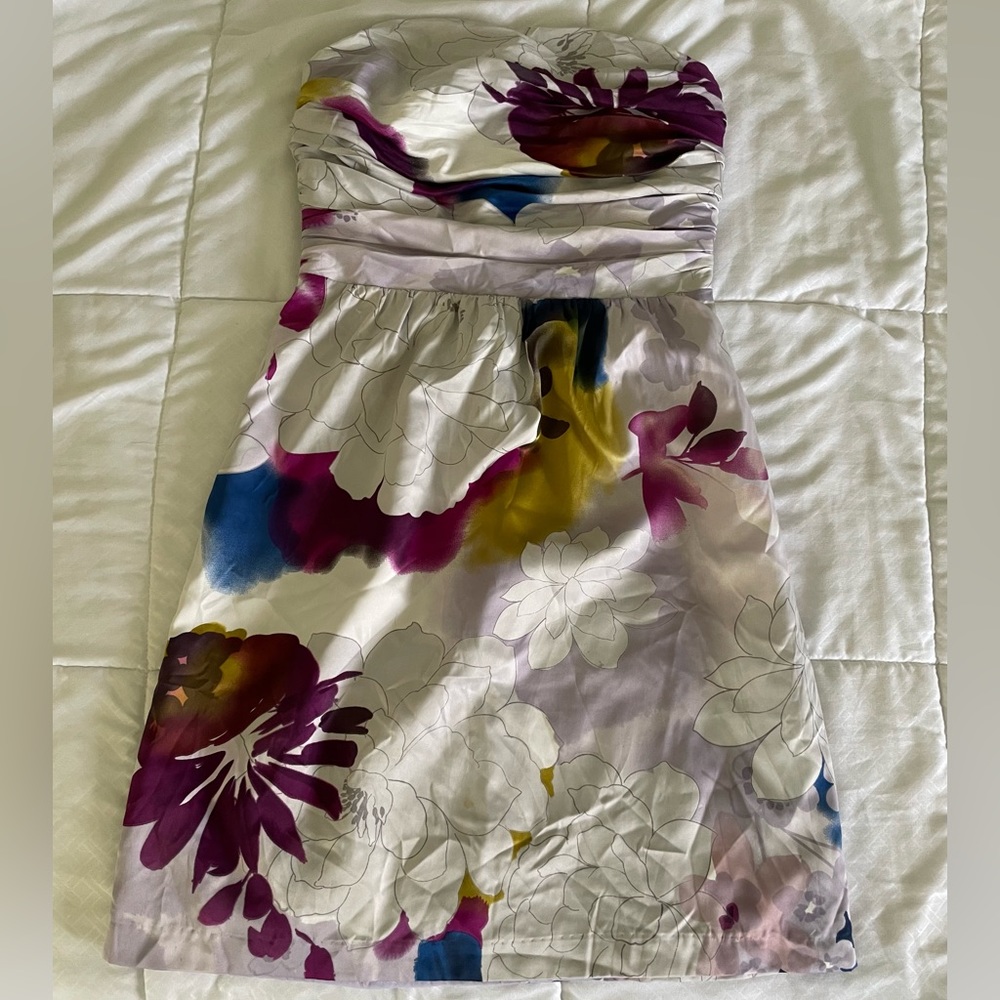 Strapless Watercolor Print Floral Lavender Party Dress